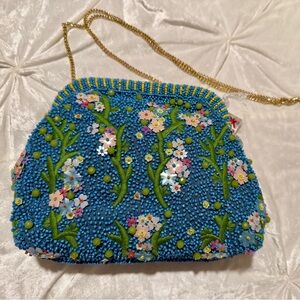 NEW Blue Floral Beaded Bag Clutch | Chain Strap | Statement Evening Bag
